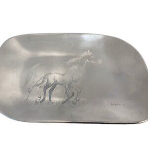 Vintage Hoselton Aluminum Tray Hand-Engraved Horse Motif Rustic Farmhouse Decor